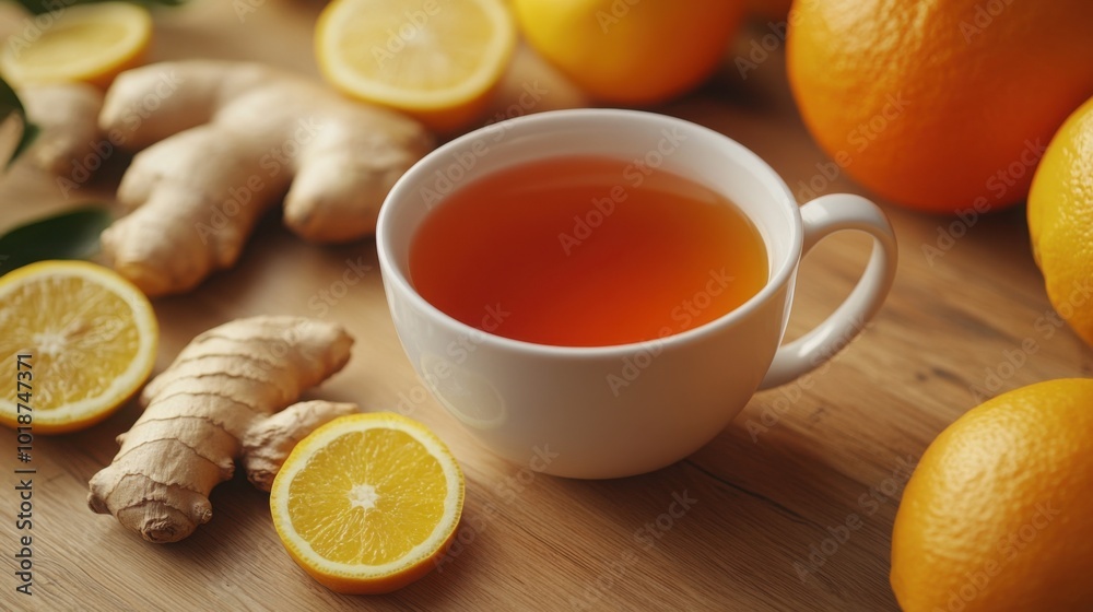 tea surrounded by fresh ginger, lemon slices, and a whole orange tea surrounded by fresh ginger, lemon slices, and a whole orange
