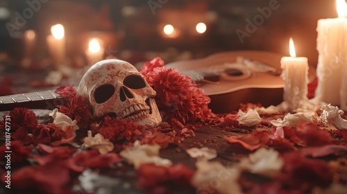 A single decorative skull sits beside a guitar, surrounded by rich red and white floral debris, illuminated by warm candlelight, offering a romantic ambiance. photo