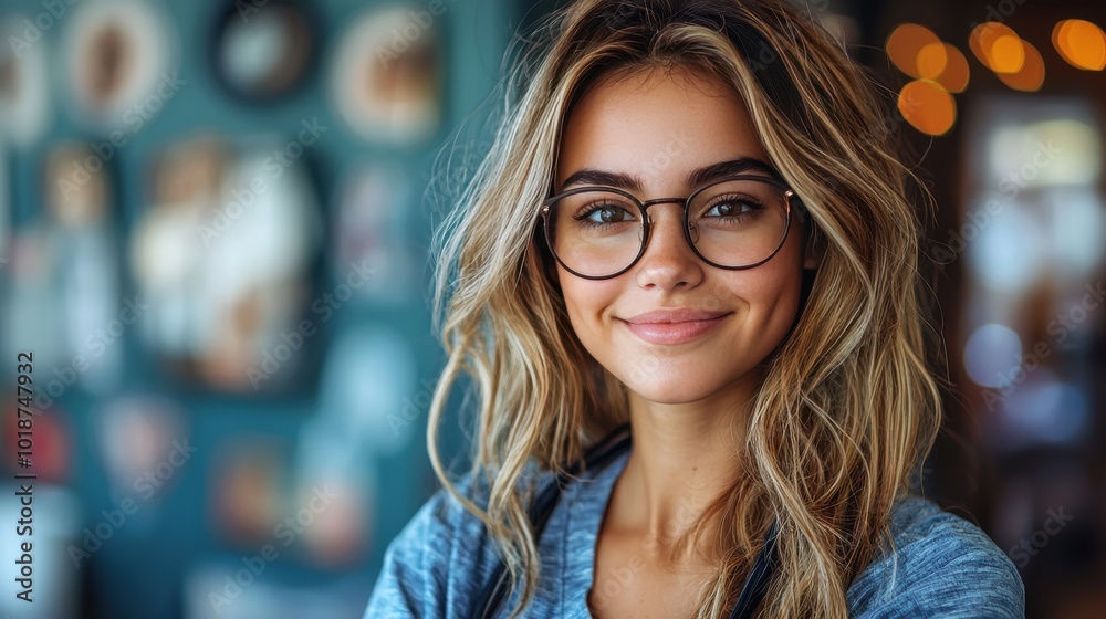 Young woman with glasses smiling warmly in a cozy café setting during daylight Young woman with glasses smiling warmly in a cozy café setting during daylight