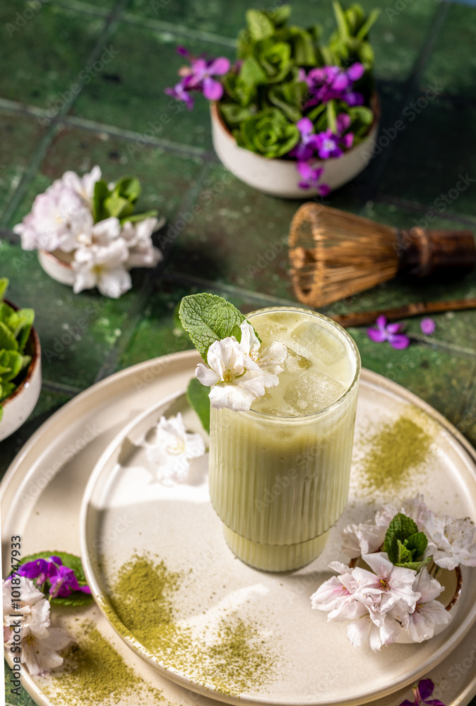 Glass of iced matcha latte decorated with flowers and matcha powder Glass of iced matcha latte decorated with flowers and matcha powder