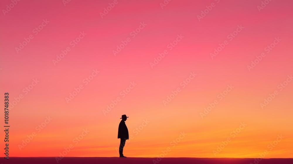The silhouette of a solitary figure standing against the fiery horizon, as night descends, the sky ablaze with the last vestiges of the setting sun. The silhouette of a solitary figure standing against the fiery horizon, as night descends, the sky ablaze with the last vestiges of the setting sun.