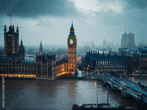 Rainy London: A View of the Houses of Parliament and Big Ben