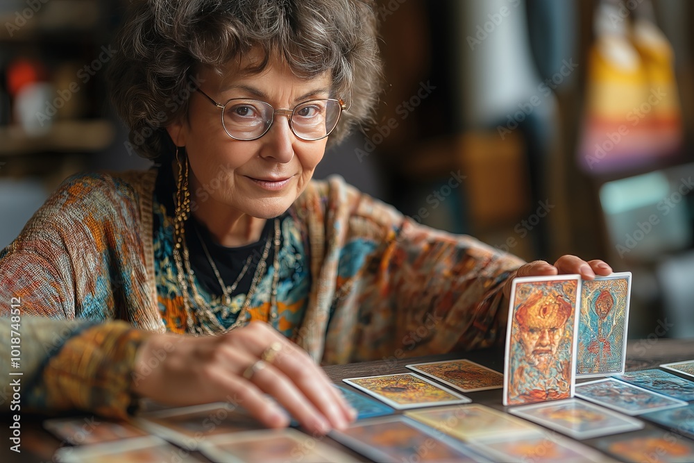 elderly woman future predictor sitting at the table with taro card elderly woman future predictor sitting at the table with taro card