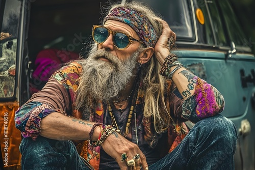 Woodstock vintage old hippies in a retro style with colorful clothing