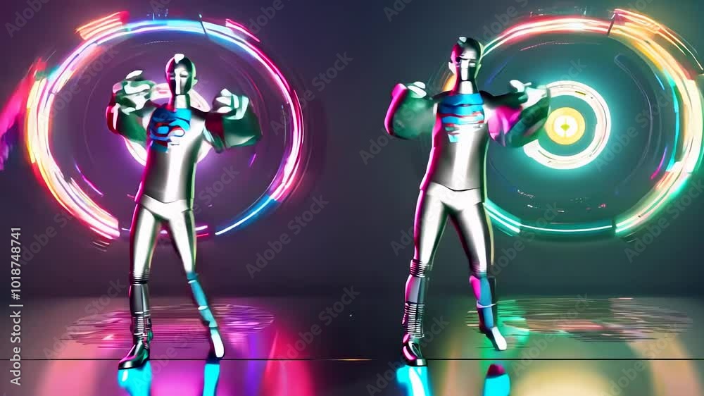 Two futuristic robotic dancers perform accompanied by colorful neon lights, creating a dynamic and futuristic visual spectacle.