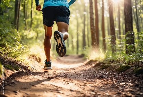 Man running joyfully on a forest path during golden hour light