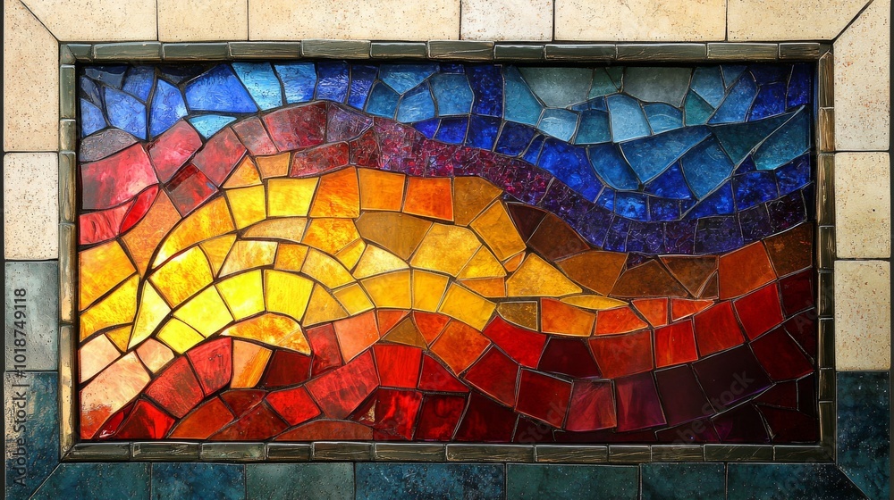 Abstract Mosaic Artwork with Red, Orange, Yellow, Blue and Purple Glass Pieces Abstract Mosaic Artwork with Red, Orange, Yellow, Blue and Purple Glass Pieces