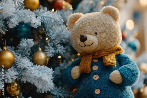 Christmas tree toy sings near a large Christmas tree. New Year and Christmas songs. Family celebration. Present. with generative ai