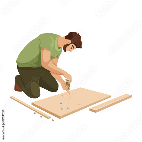 A man assembling furniture on the floor, in a modern graphic style, with a white background. Concept of DIY. Vector illustration