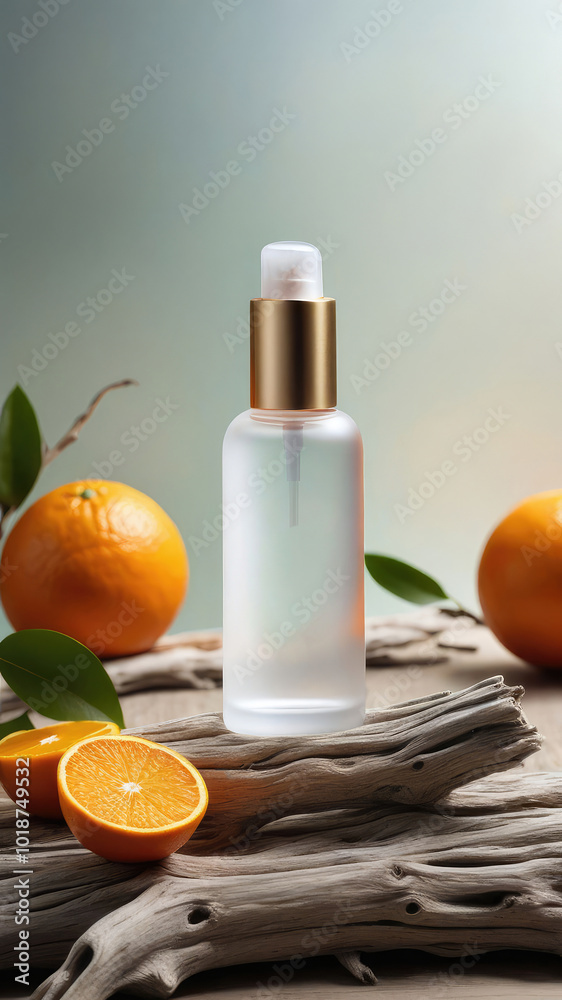Mock up the collagen hydrating serum extract with sliced orange or any beauty product in glass bottle from natural ingredients standing on driftwood. Mock up the collagen hydrating serum extract with sliced orange or any beauty product in glass bottle from natural ingredients standing on driftwood.