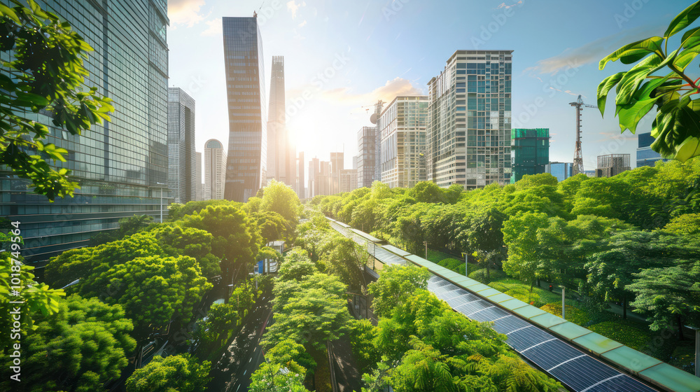 Fototapeta premium A green urban landscape where sustainable urban planning has created walkable streets, energy-efficient buildings, and renewable energy grids