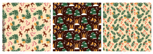 Winter seamless patterns set. Hand drawn vector Christmas design. 