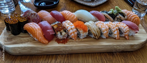 Sushi platter with various types of sushi on a wooden board, white background. photo