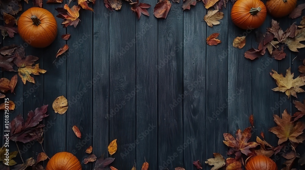Creative autumn Halloween layout with various leaves and pumkins on dark wooden backgound. Flat lay. Creative autumn Halloween layout with various leaves and pumkins on dark wooden backgound. Flat lay.