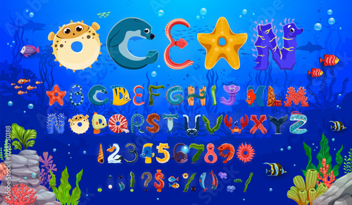 Sea animal font, underwater ocean type. Cartoon funny english alphabet typeface. Vector abc letters and numbers font with cute marine animals and sea fish characters on underwater landscape background