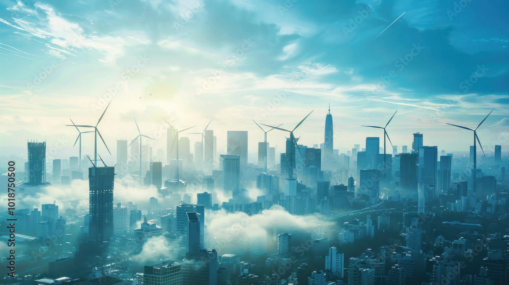 A high-tech cityscape powered by wind energy, with wind turbines integrated into urban architecture, symbolizing clean and sustainable innovation. A high-tech cityscape powered by wind energy, with wind turbines integrated into urban architecture, symbolizing clean and sustainable innovation.