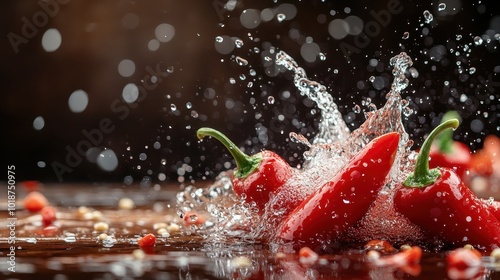 Red chilies in motion create an artistic splash in water, showcasing their vibrant color and spicy essence, set against a subdued backdrop for intense visual impact.