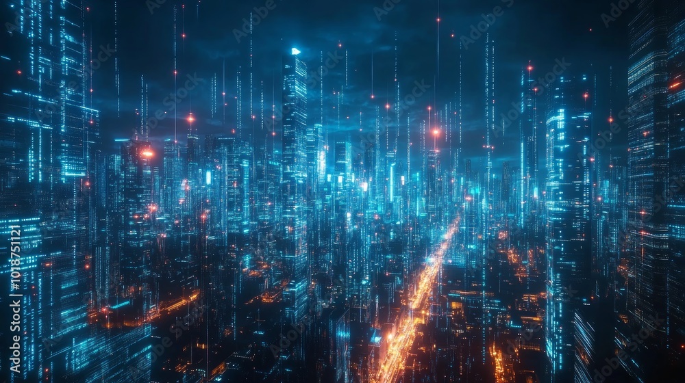 Futuristic city skyline with glowing lines and data streams. Futuristic city skyline with glowing lines and data streams.
