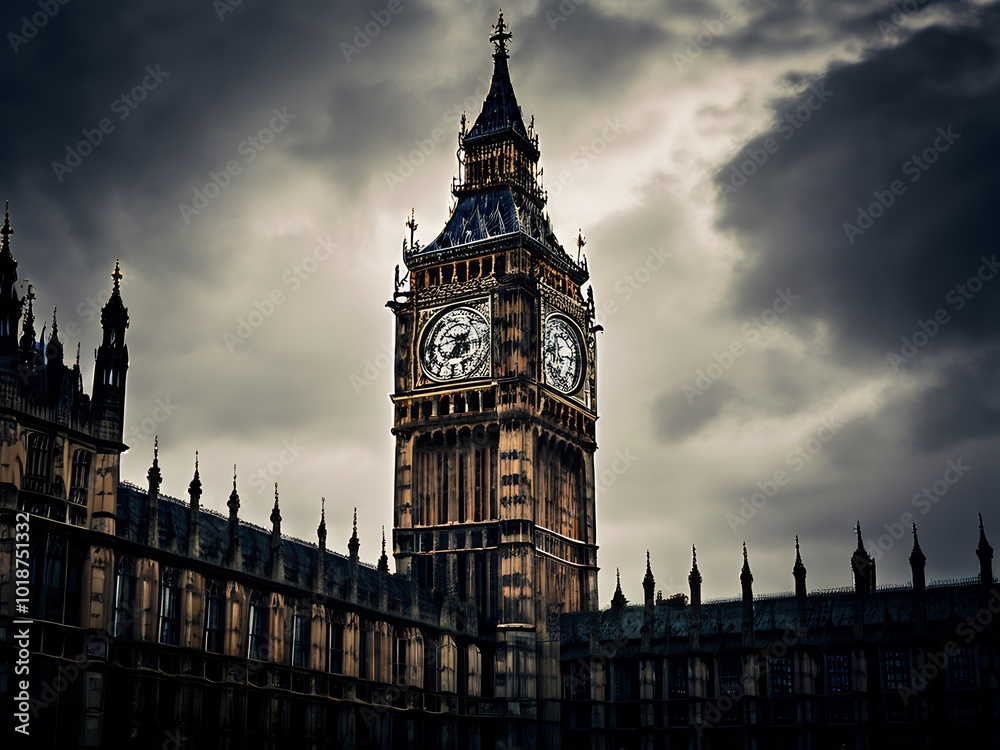 The Clock Tower of Big Ben Under a Stormy Sky The Clock Tower of Big Ben Under a Stormy Sky