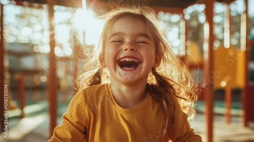 Young girl laughing joyfully at the playground, bathed in warm sunlight. The carefree expression and vibrant surroundings capture pure childhood happiness and freedom. photo