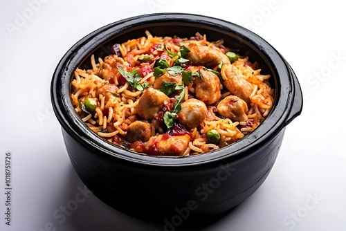 Chicken biryani in black pot with sauce, dramatic lighting, high angle shot, food photography