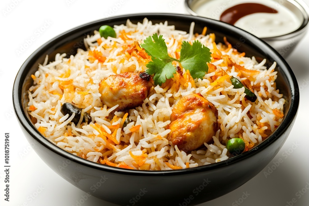 Chicken biryani in black pot with sauce, dramatic lighting, high angle shot, food photography Chicken biryani in black pot with sauce, dramatic lighting, high angle shot, food photography