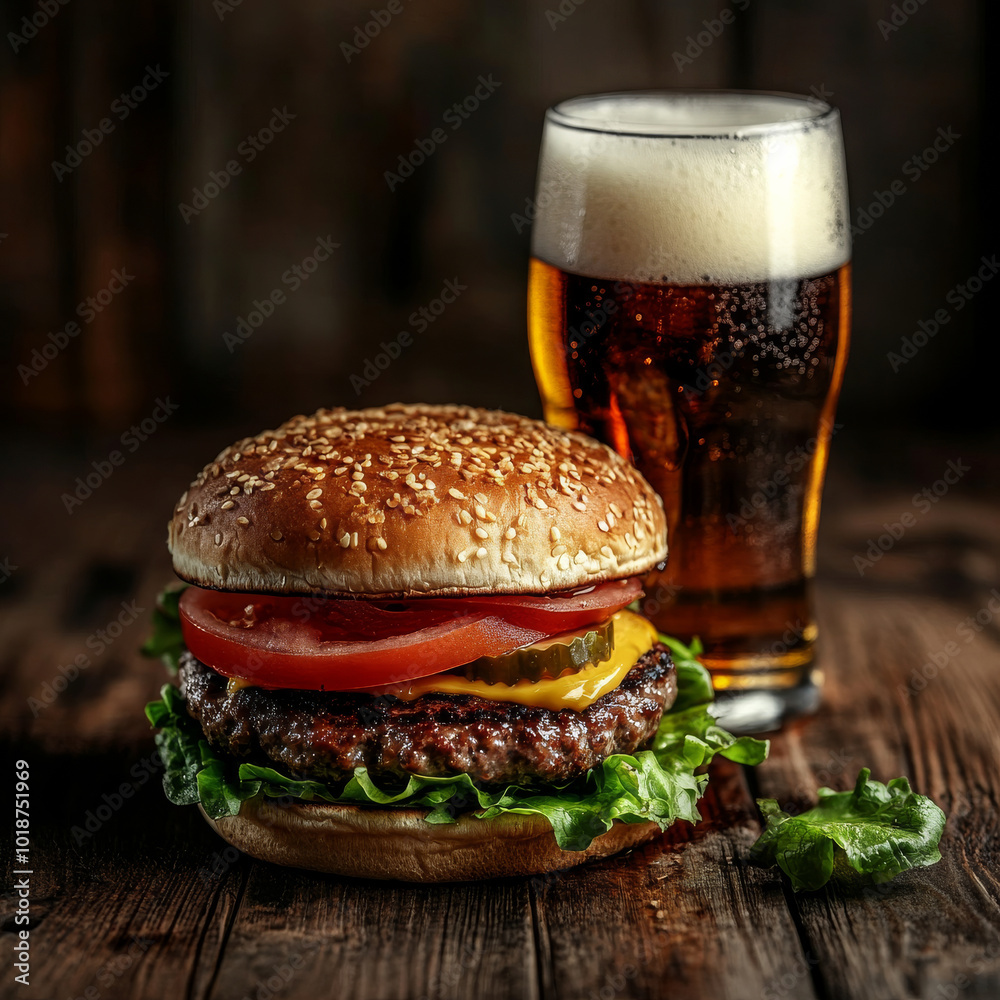 fresh, juicy burger topped with lettuce, tomato, and pickles, served alongside cold lager beer on rustic wooden table. This delightful meal evokes sense of comfort and satisfaction fresh, juicy burger topped with lettuce, tomato, and pickles, served alongside cold lager beer on rustic wooden table. This delightful meal evokes sense of comfort and satisfaction