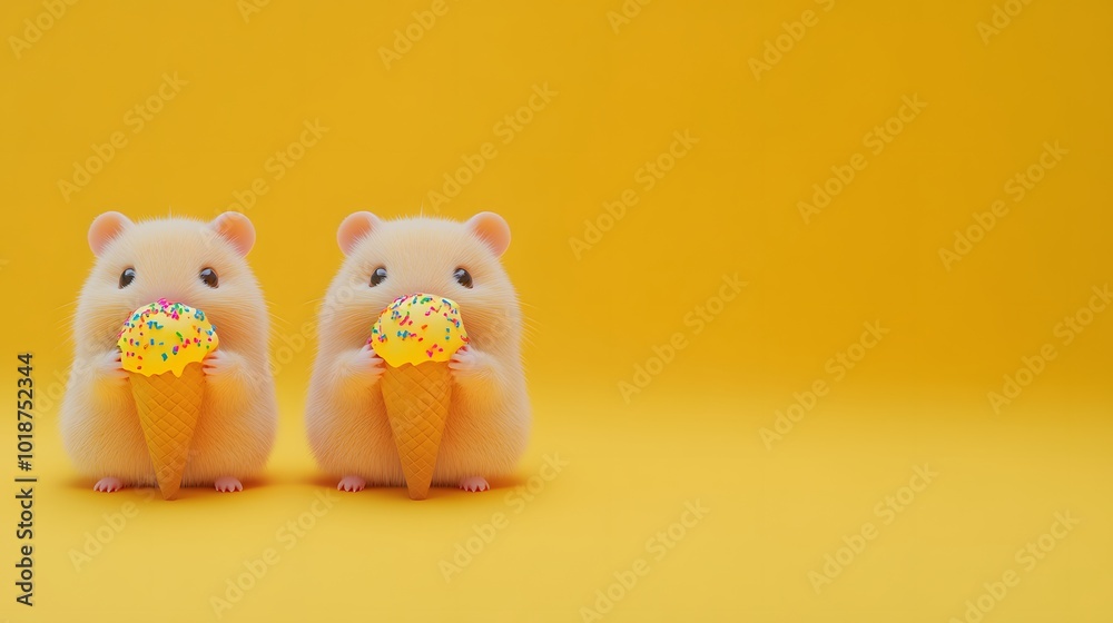 Cute Hamsters with Ice Cream Cones in 3D Illustration Cute Hamsters with Ice Cream Cones in 3D Illustration
