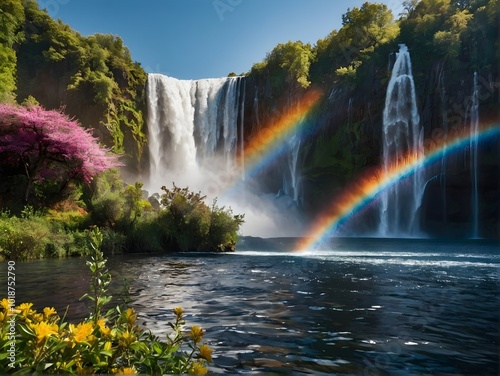 A breathtaking scenic waterfall accompanied by a vibrant rainbow and a small boat at sunset