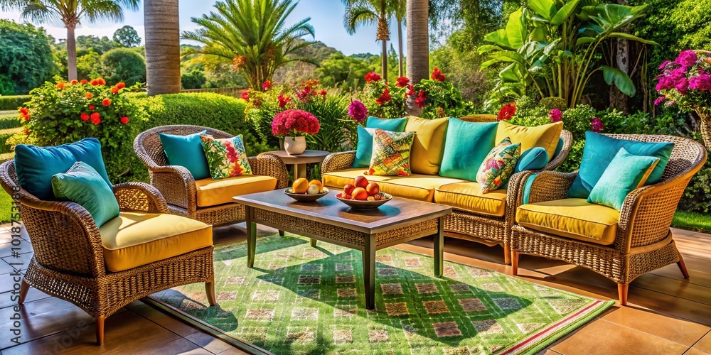 Obraz premium Elegant Lanai Patio Furniture Set for Outdoor Relaxation and Entertaining in a Beautiful Garden Setting