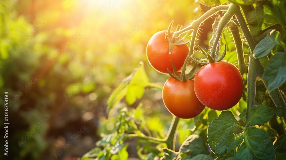 red tomato ripening on a vine in garden