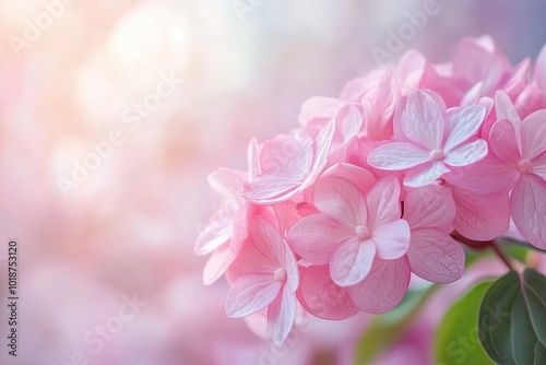 Close up light pink hortensia fresh flowers blur background. with generative ai