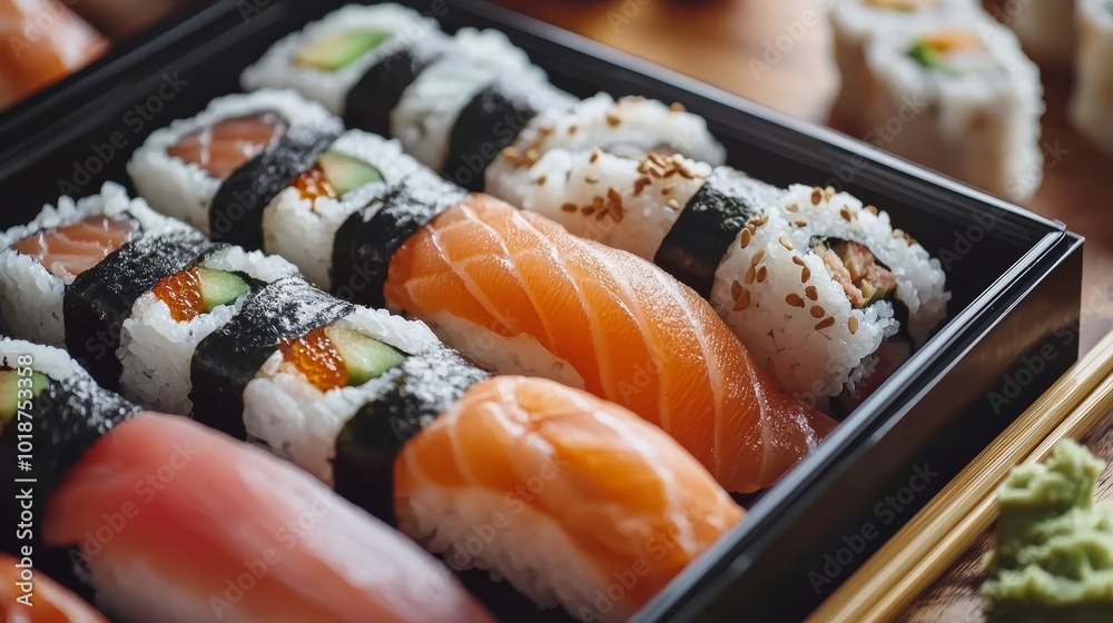 Delicious sushi assortment in a takeaway box, set on a traditional Japanese table with tatami decor and paper lanterns, perfect for Japanese cuisine ads or restaurant branding Delicious sushi assortment in a takeaway box, set on a traditional Japanese table with tatami decor and paper lanterns, perfect for Japanese cuisine ads or restaurant branding