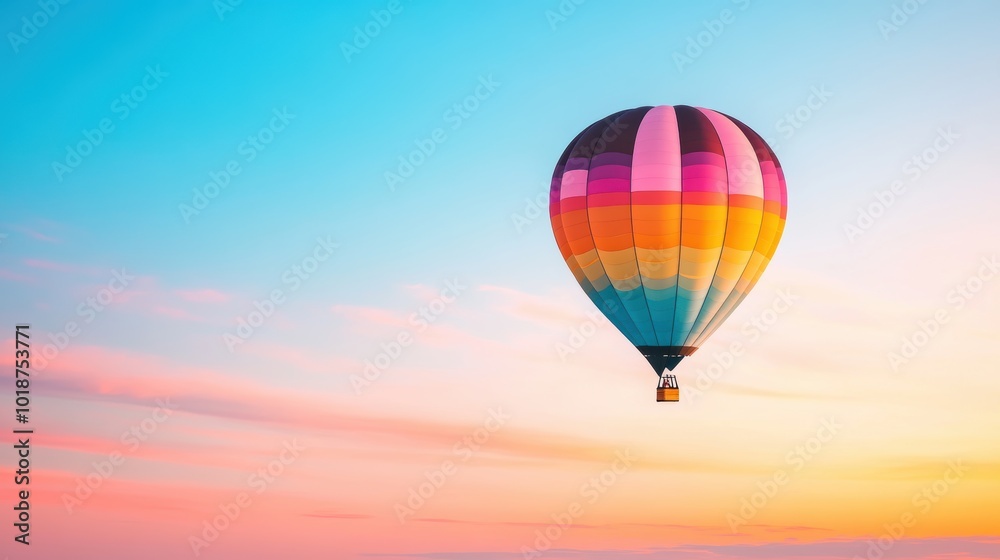 Obraz premium A lone hot air balloon floats gently through the sky, its colorful silhouette illuminated by the warm glow of a setting sun, as if it were a part of a whimsical dream.