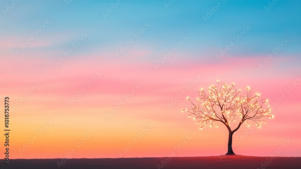 A lone tree, its branches adorned with twinkling lights, stands silhouetted against a vibrant sunset, as if it were a part of a whimsical dreamscape. A lone tree, its branches adorned with twinkling lights, stands silhouetted against a vibrant sunset, as if it were a part of a whimsical dreamscape.