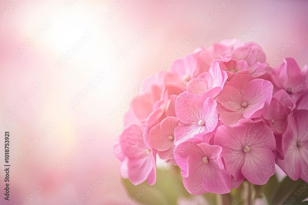 Close up light pink hortensia fresh flowers blur background. with generative ai
