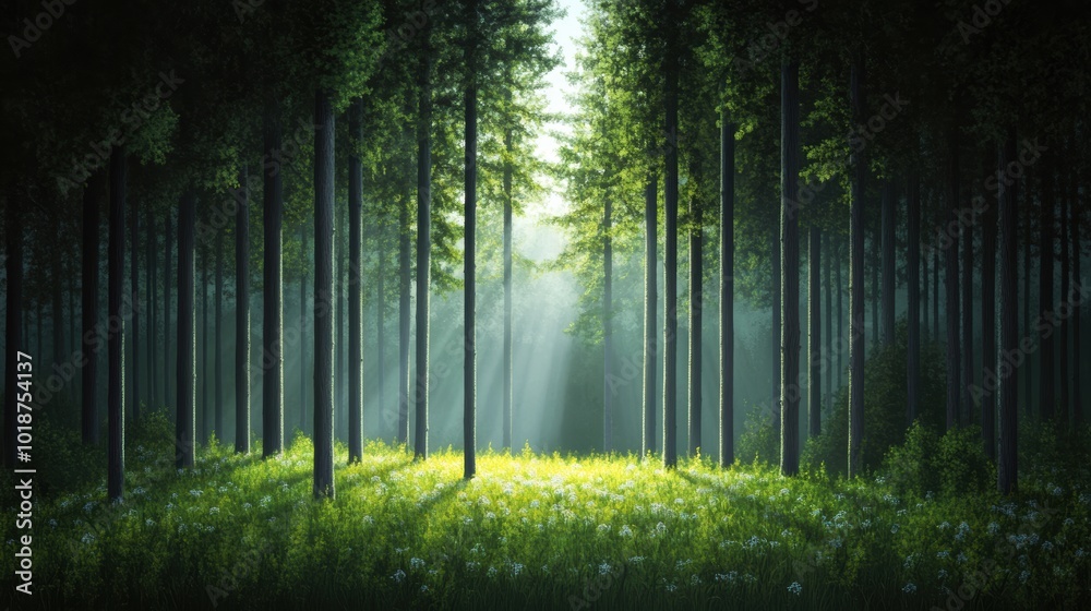 Obraz premium The soft light of dusk bathes a quiet forest, the trees standing tall and silent, the air filled with the stillness of twilight.