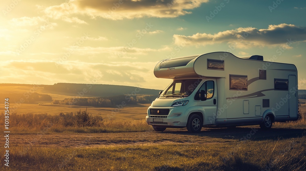 camping car driving through a beautiful landscape a sunny morning camping car driving through a beautiful landscape a sunny morning