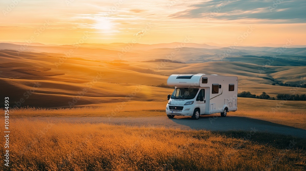 camping car driving through a beautiful landscape a sunny morning camping car driving through a beautiful landscape a sunny morning