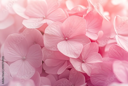 Close up light pink hortensia fresh flowers blur background. with generative ai