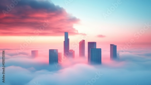 A surreal cityscape emerges from a sea of fog, buildings twisted and contorted into dreamlike shapes, illuminated by the fading twilight.