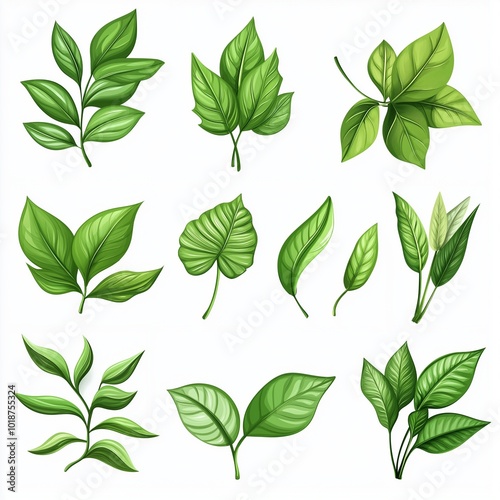 green leaves set on white background