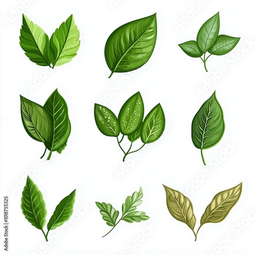 green leaves set on white background