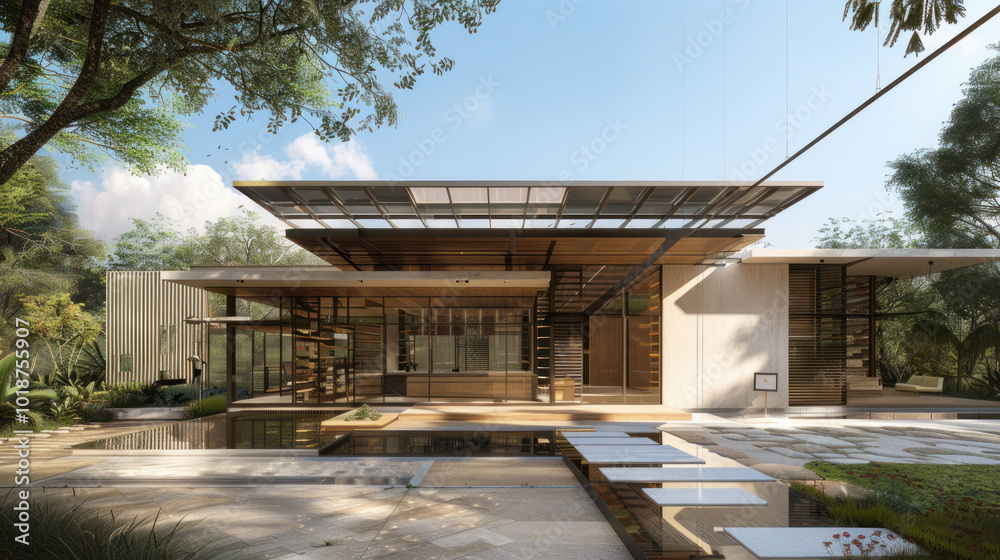 Obraz premium A modern art studio powered by solar energy, with sleek, sustainable architecture and creative visuals. Clean, artistic tone with a bright atmosphere.