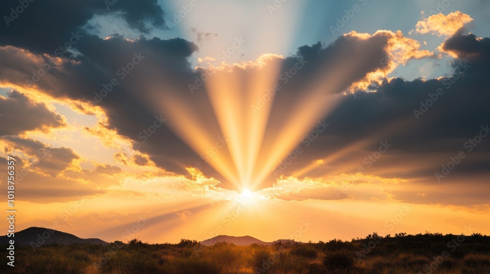 Fototapeta premium A dramatic interplay of light and shadow as the sun dips below the horizon, casting long shadows across a landscape dominated by dramatic clouds.