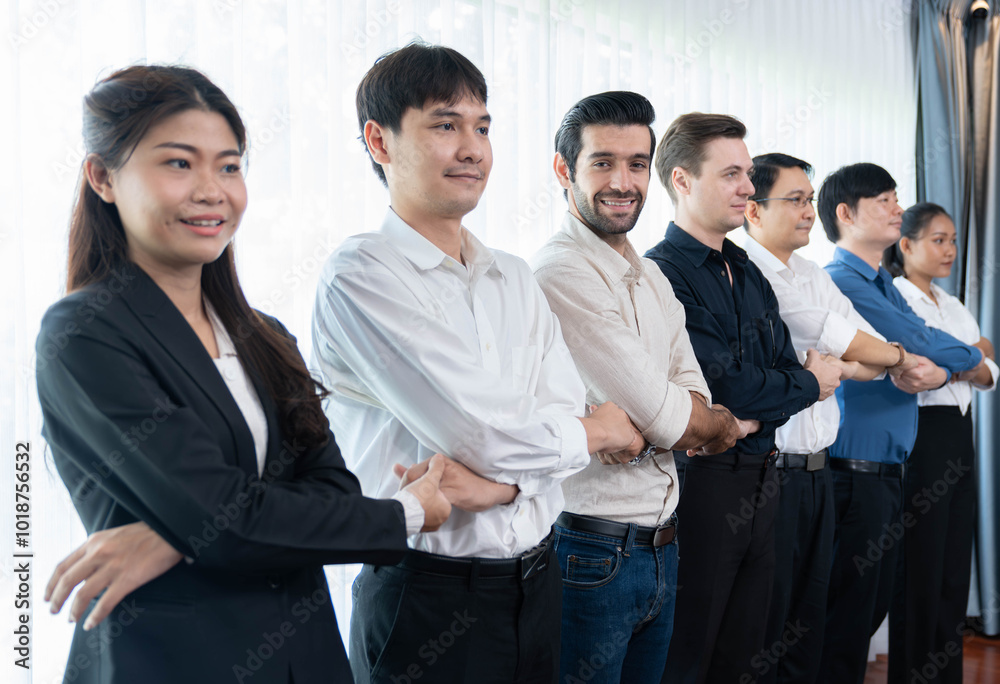 Business team standing, join and link hand together in line symbolize successful business partnership and professional synergy with diverse culture group people cooperation. Prudent Business team standing, join and link hand together in line symbolize successful business partnership and professional synergy with diverse culture group people cooperation. Prudent