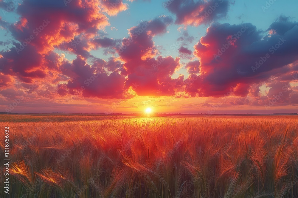 Fototapeta premium majestic sunset painting the sky over a serene field clouds rolling with vibrant colors capturing the beauty of nature in a breathtaking timelapse scene