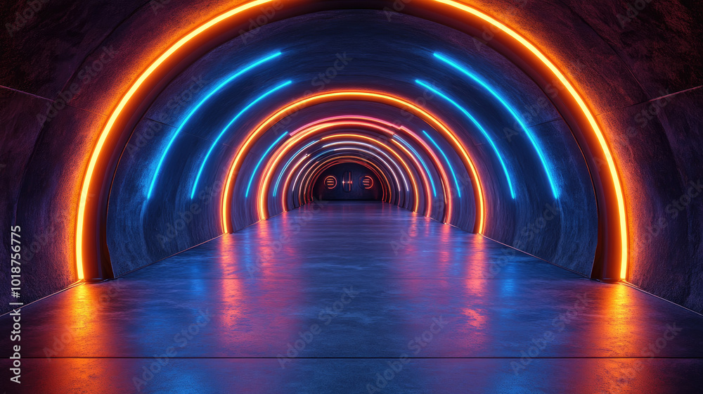 A striking tunnel adorned with blue and orange neon lights creates an energetic atmosphere in an underground passageway A striking tunnel adorned with blue and orange neon lights creates an energetic atmosphere in an underground passageway