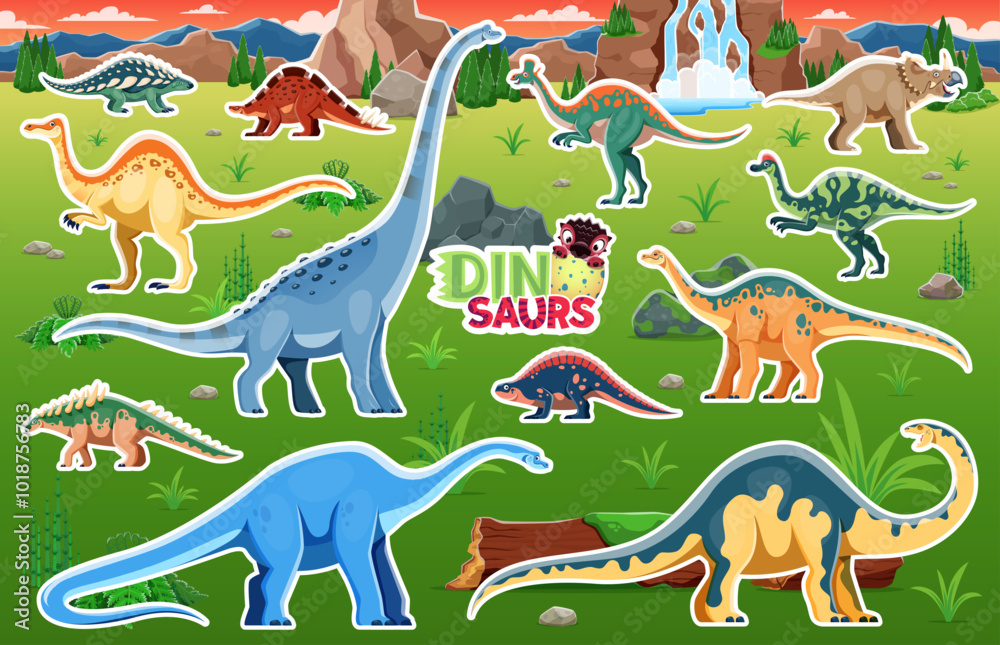 Naklejka premium Dinosaur stickers, funny dino and Jurassic lizards in jungles park, vector cartoon background. Kids dinosaur prehistoric reptile stickers collection with arrhinocerpators, hypacrosaurus, panoplosaurus