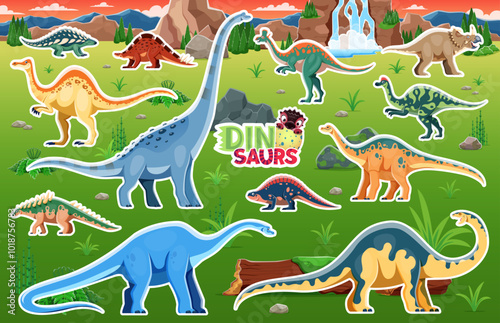 Dinosaur stickers, funny dino and Jurassic lizards in jungles park, vector cartoon background. Kids dinosaur prehistoric reptile stickers collection with arrhinocerpators, hypacrosaurus, panoplosaurus photo